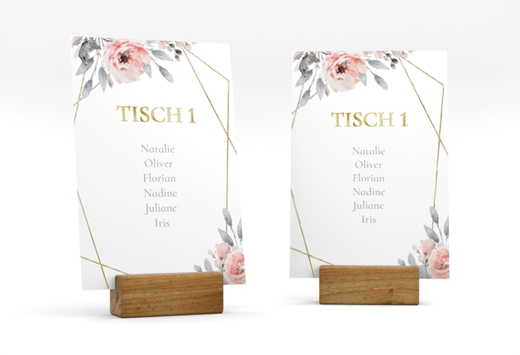 Tischaufsteller Hochzeit Perfection Tischaufsteller weiss gold mit rosa Rosen