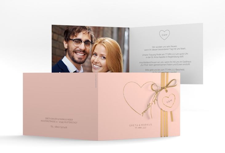 Hochzeitseinladung Lebenstraum A6 Klappkarte quer rosa gold