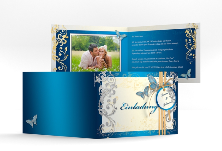 Hochzeitseinladung Toulouse A6 Klappkarte quer blau silber mit Schmetterlingen und Schnörkeln