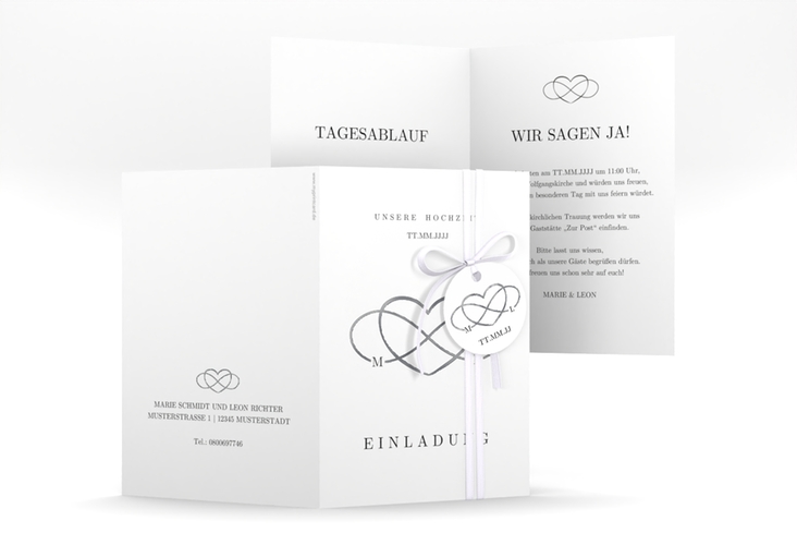 Einladungskarte Hochzeit Infinity A6 Klappkarte hoch schwarz silber