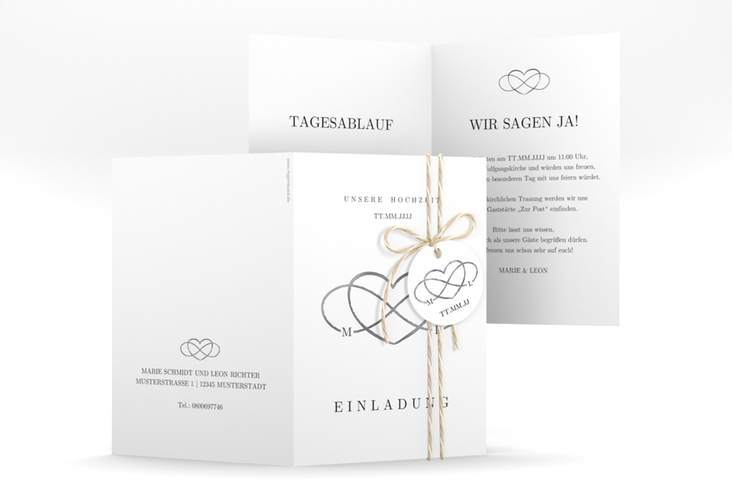 Einladungskarte Hochzeit Infinity A6 Klappkarte hoch schwarz silber
