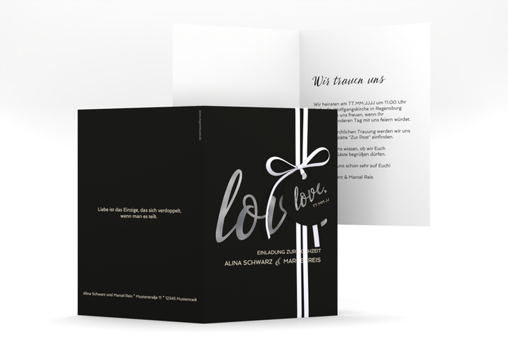 Einladungskarte Hochzeit Glam A6 Klappkarte hoch schwarz silber