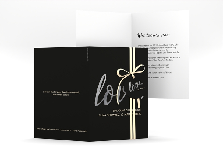 Einladungskarte Hochzeit Glam A6 Klappkarte hoch schwarz silber