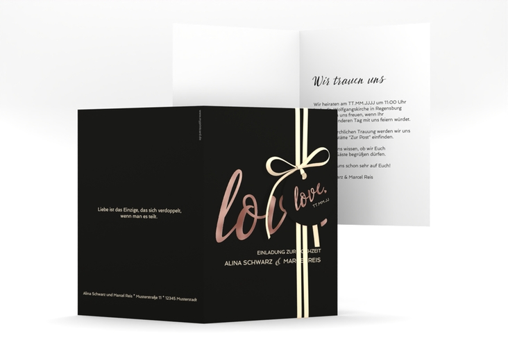 Einladungskarte Hochzeit Glam A6 Klappkarte hoch schwarz rosegold
