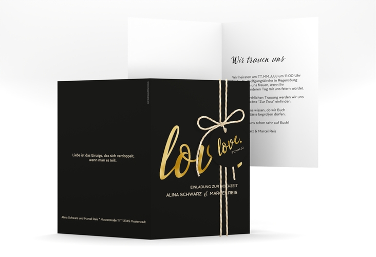 Einladungskarte Hochzeit Glam A6 Klappkarte hoch schwarz gold