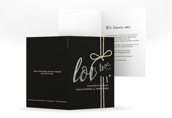 Einladungskarte Hochzeit Glam A6 Klappkarte hoch schwarz silber