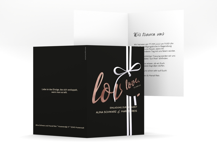 Einladungskarte Hochzeit Glam A6 Klappkarte hoch schwarz rosegold