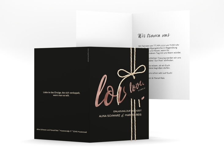 Einladungskarte Hochzeit Glam A6 Klappkarte hoch schwarz rosegold