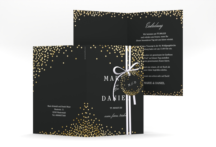 Einladungskarte Hochzeit Glitter A6 Klappkarte hoch schwarz gold