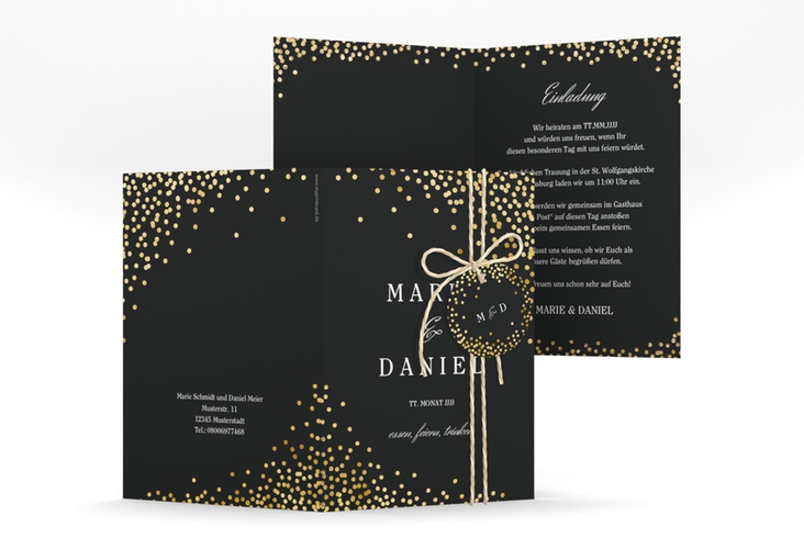 Einladungskarte Hochzeit Glitter A6 Klappkarte hoch schwarz gold