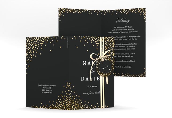 Einladungskarte Hochzeit Glitter A6 Klappkarte hoch schwarz gold