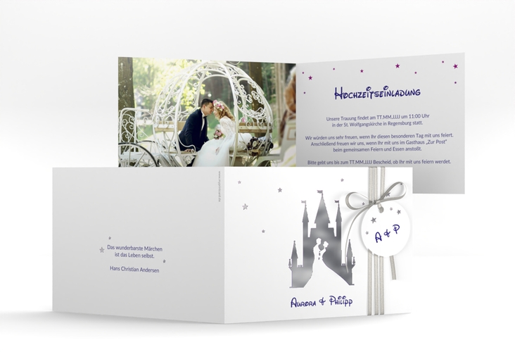 Hochzeitseinladung Castle A6 Klappkarte quer lila silber