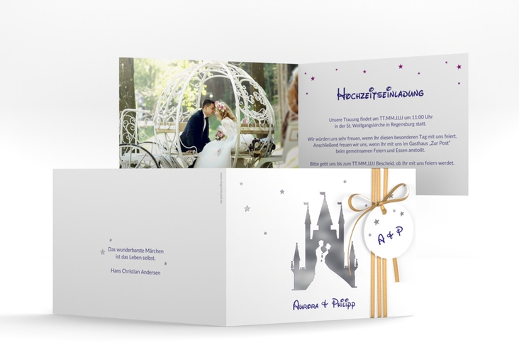 Hochzeitseinladung Castle A6 Klappkarte quer lila silber