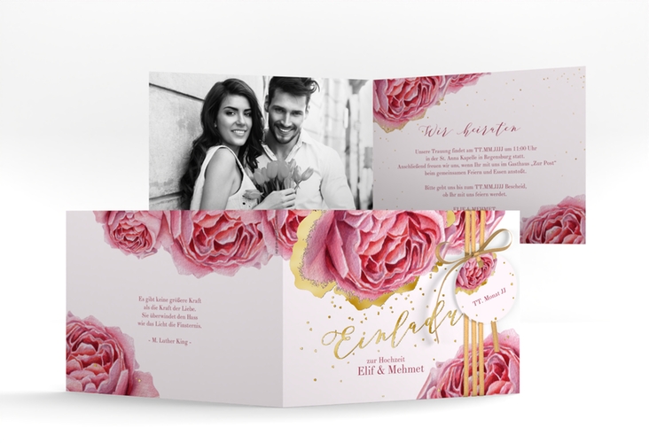 Hochzeitseinladung Cherie A6 Klappkarte quer rosa gold