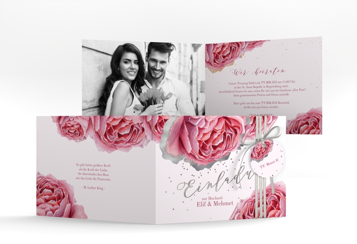 Hochzeitseinladung Cherie A6 Klappkarte quer rosa silber