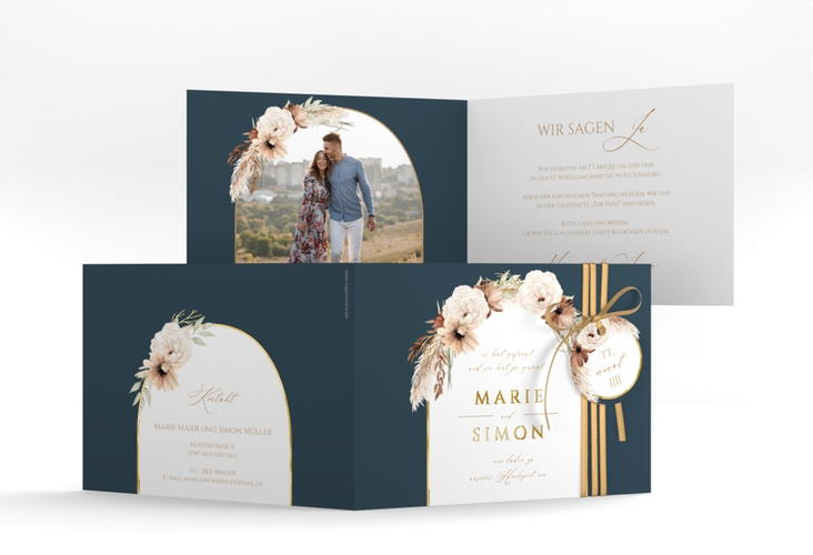 Hochzeitseinladung Blumenbogen A6 Klappkarte quer blau gold