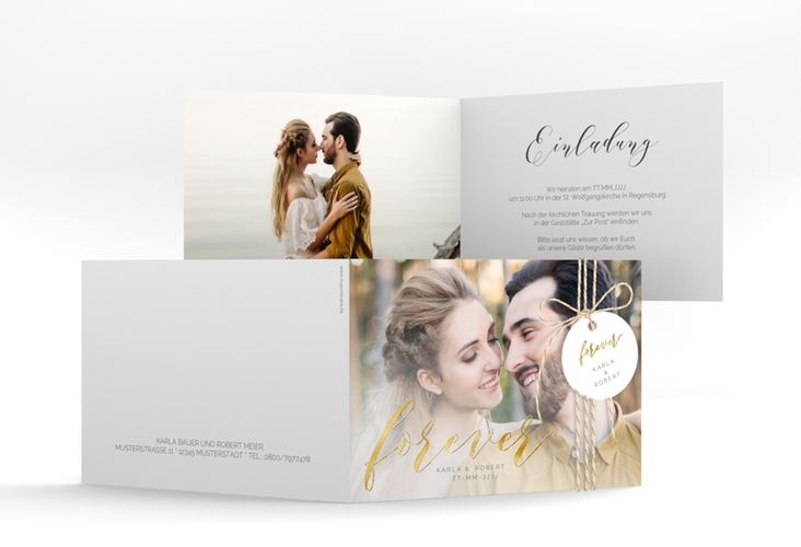 Hochzeitseinladung Promise A6 Klappkarte quer weiss gold