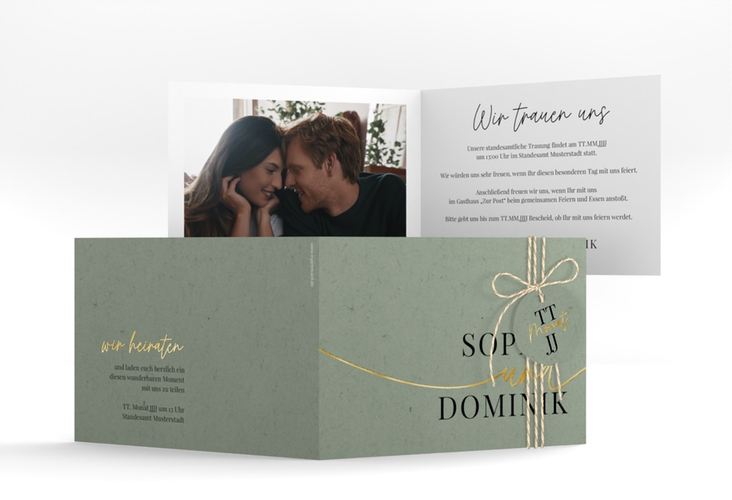 Hochzeitseinladung Easy A6 Klappkarte quer gruen gold im modernen minimalistischen Design
