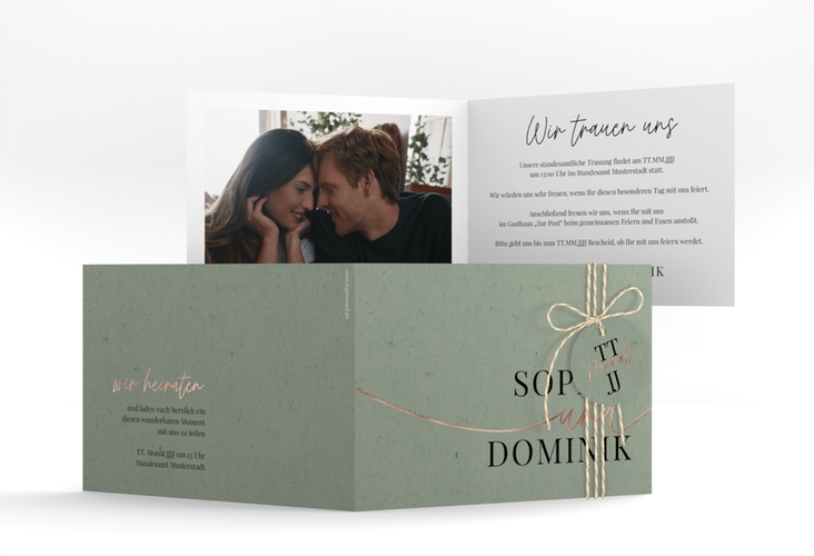 Hochzeitseinladung Easy A6 Klappkarte quer gruen rosegold im modernen minimalistischen Design