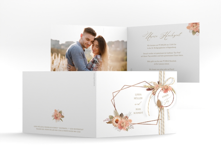 Hochzeitseinladung Strohblume A6 Klappkarte quer weiss rosegold