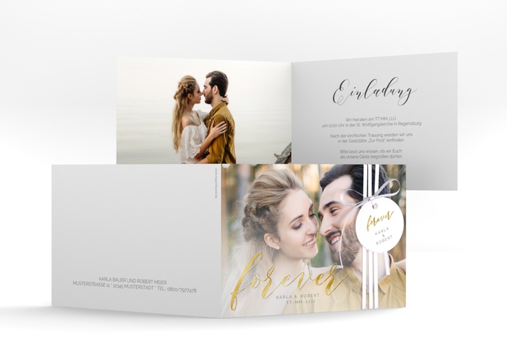 Hochzeitseinladung Promise A6 Klappkarte quer weiss gold