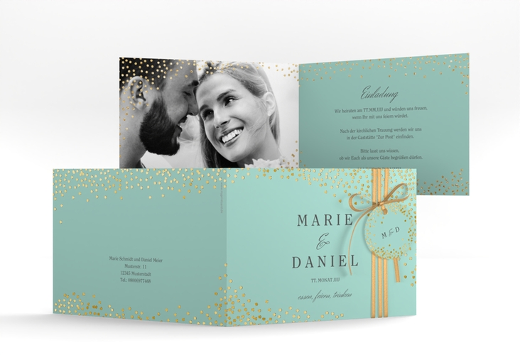 Hochzeitseinladung Glitter A6 Klappkarte quer mint gold