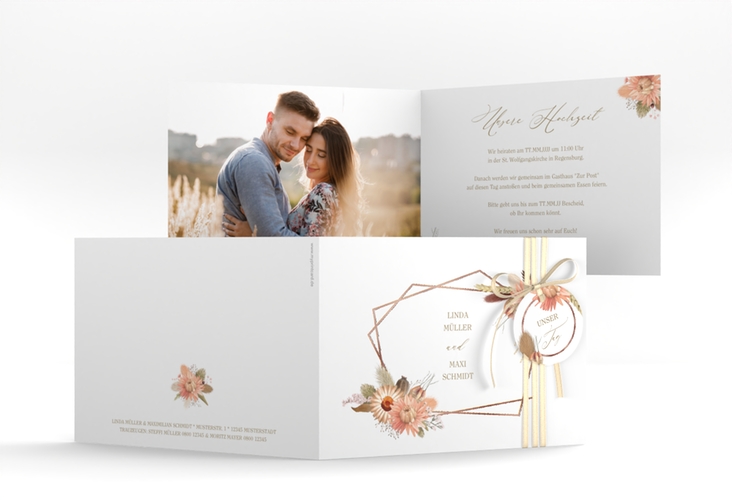 Hochzeitseinladung Strohblume A6 Klappkarte quer weiss rosegold