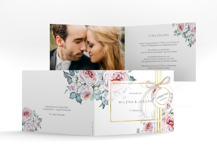 Hochzeitseinladung Embrace A6 Klappkarte quer weiss gold
