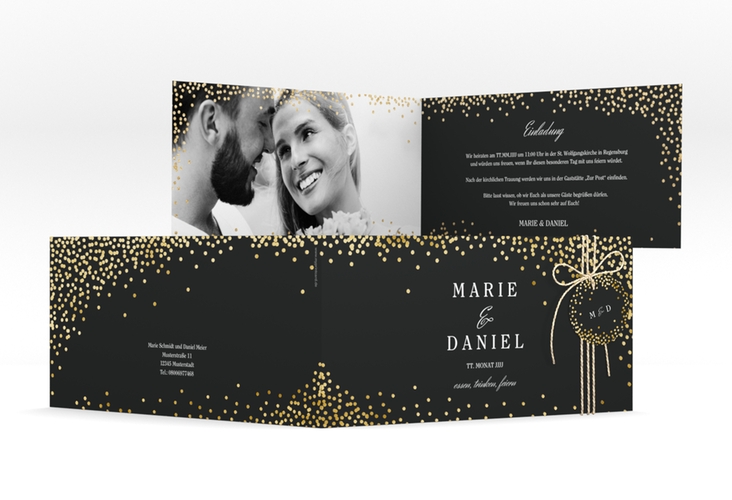 Hochzeitseinladung Glitter lange Klappkarte quer schwarz gold