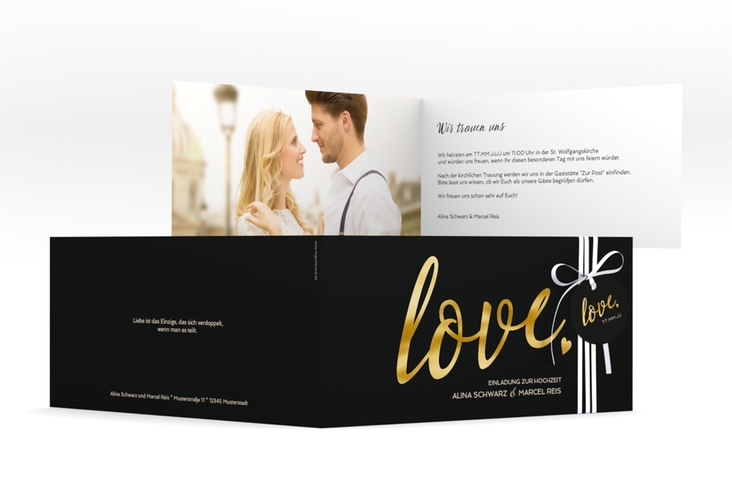 Hochzeitseinladung Glam lange Klappkarte quer schwarz gold