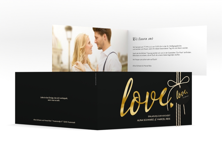 Hochzeitseinladung Glam lange Klappkarte quer schwarz gold
