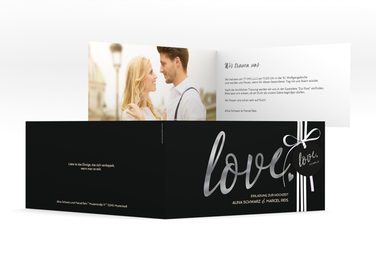 Hochzeitseinladung Glam lange Klappkarte quer schwarz silber