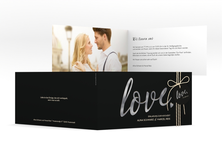 Hochzeitseinladung Glam lange Klappkarte quer schwarz silber