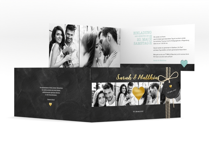 Hochzeitseinladung Sparkly lange Klappkarte quer tuerkis gold