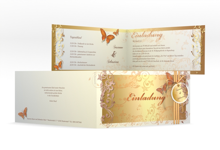 Hochzeitseinladung Toulouse lange Klappkarte quer orange rosegold