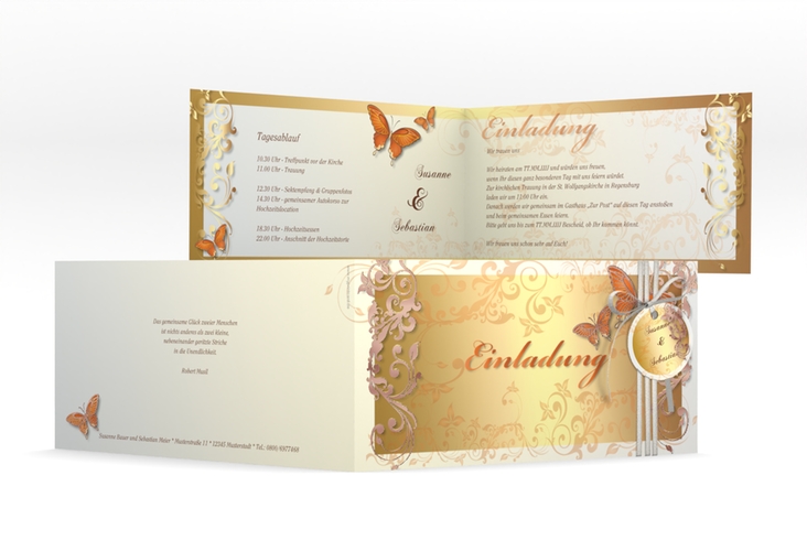 Hochzeitseinladung Toulouse lange Klappkarte quer orange rosegold