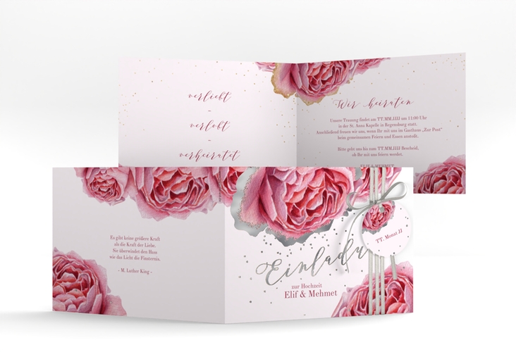 Hochzeitseinladung Cherie A6 Klappkarte quer rosa silber