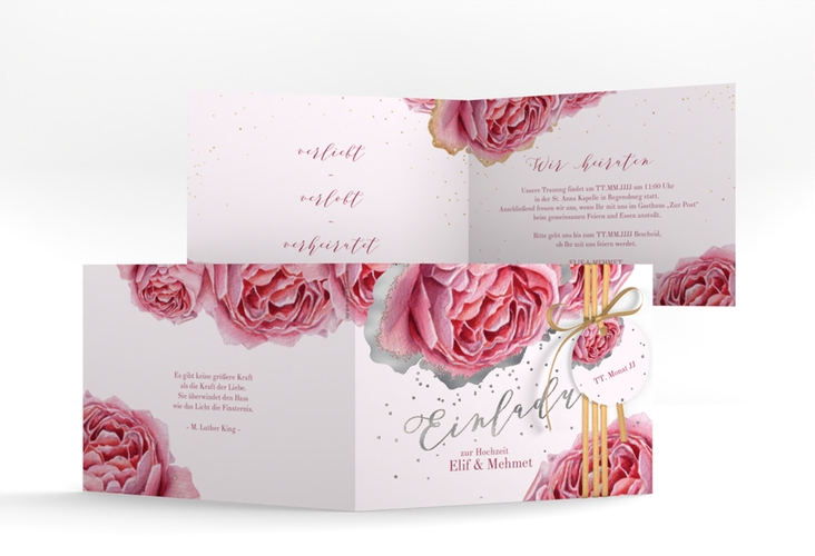 Hochzeitseinladung Cherie A6 Klappkarte quer rosa silber