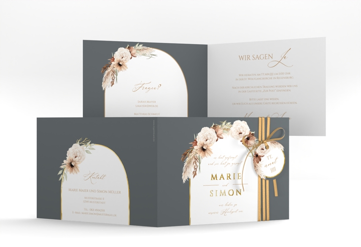 Hochzeitseinladung Blumenbogen A6 Klappkarte quer grau gold