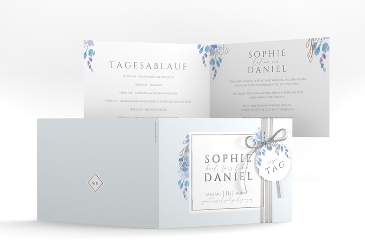 Hochzeiteinladung Blauregen A6 Klappkarte quer blau silber mit Wisteria-Blüten