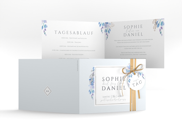 Hochzeiteinladung Blauregen A6 Klappkarte quer blau silber mit Wisteria-Blüten