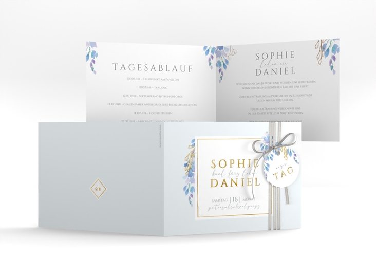 Hochzeiteinladung Blauregen A6 Klappkarte quer blau gold mit Wisteria-Blüten