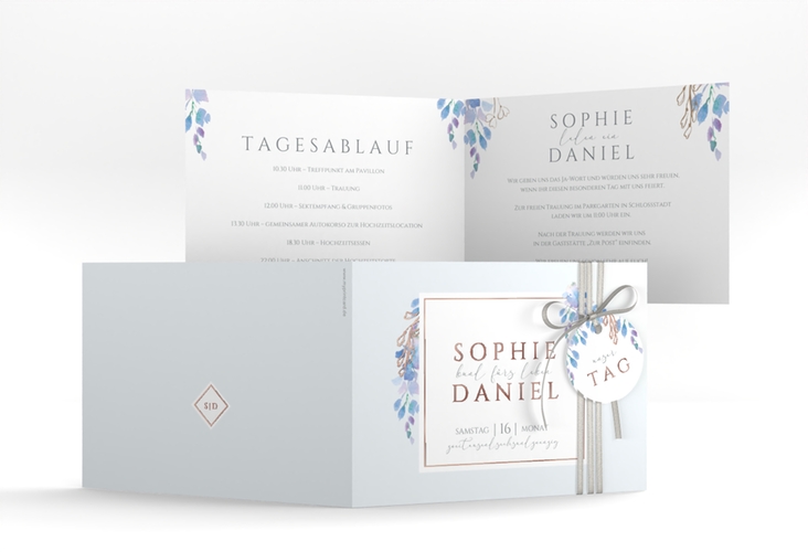 Hochzeiteinladung Blauregen A6 Klappkarte quer blau rosegold mit Wisteria-Blüten