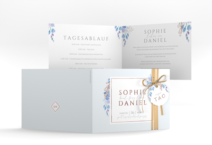 Hochzeiteinladung Blauregen A6 Klappkarte quer blau rosegold mit Wisteria-Blüten