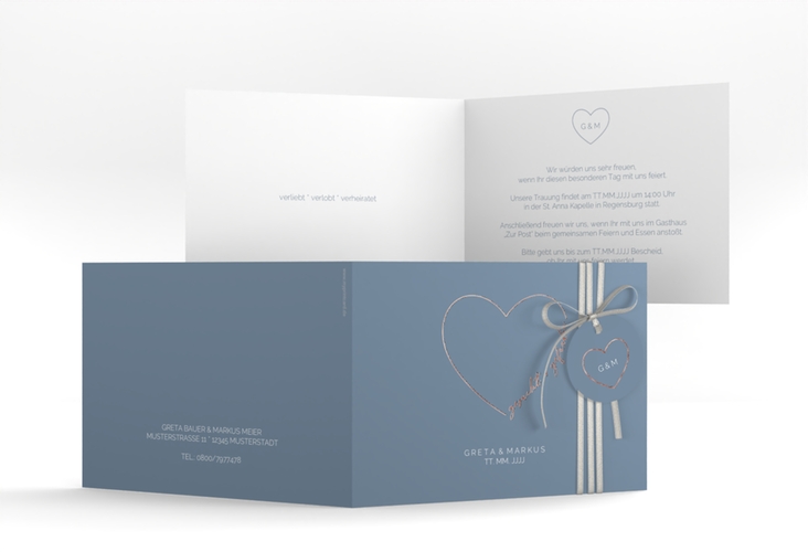 Hochzeitseinladung Lebenstraum A6 Klappkarte quer blau rosegold