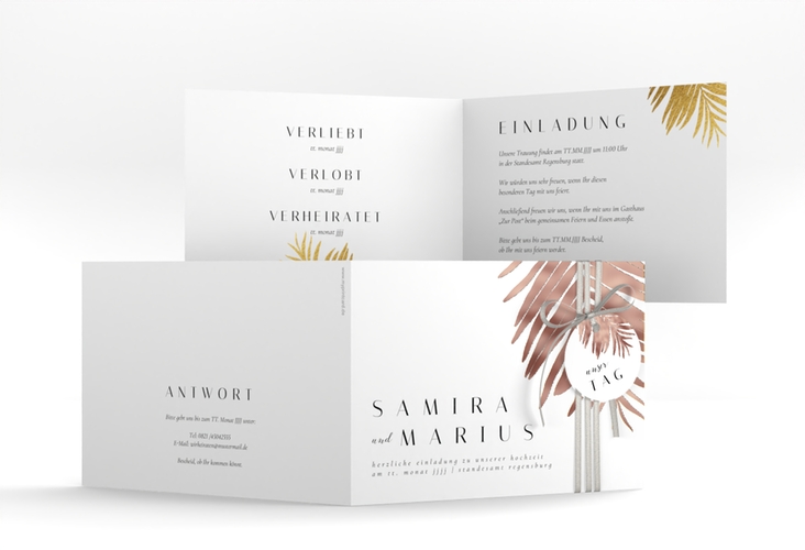 Hochzeitseinladung Palmenblatt A6 Klappkarte quer gold rosegold mit Palmenwedel