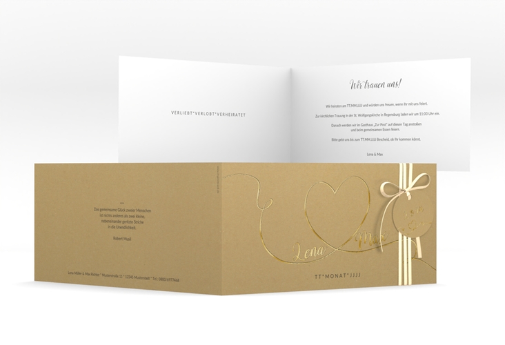 Hochzeitseinladung Herzensbund lange Klappkarte quer schwarz gold