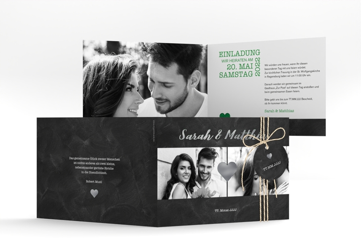 Hochzeitseinladung Sparkly A6 Klappkarte quer gruen silber