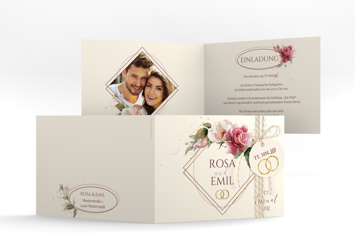 Hochzeitseinladung Rosenbogen A6 Klappkarte quer beige gold
