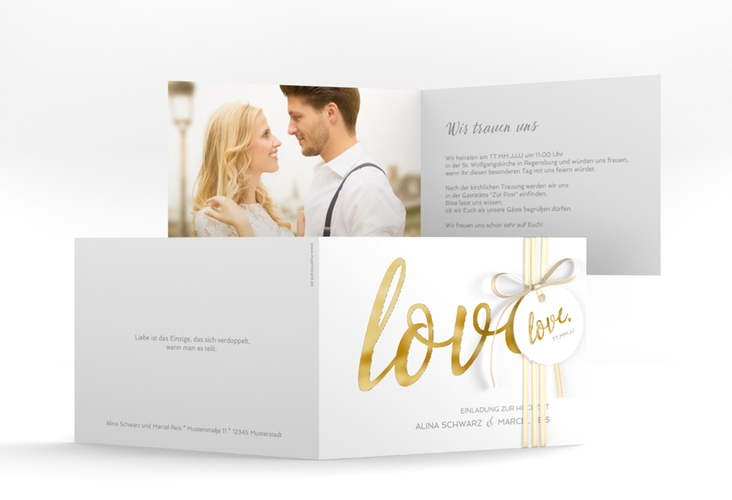Hochzeitseinladung Glam A6 Klappkarte quer weiss gold